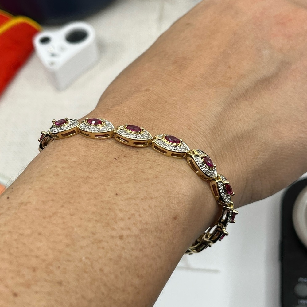 Vintage Gold-Over-Sterling Ruby & Diamond Accent Bracelet - 7.25” - Picture 9 of 17